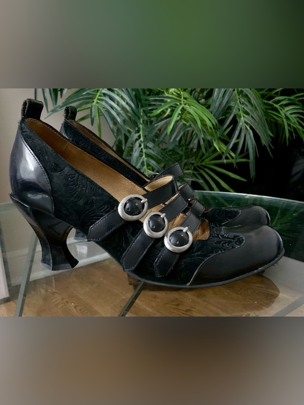 John Fluevog Women's Black Suede Strappy Mary Jane Heels with Silver Buckles
